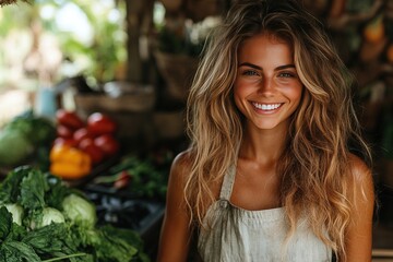 Fototapeta premium Happy woman working at a farm stand.