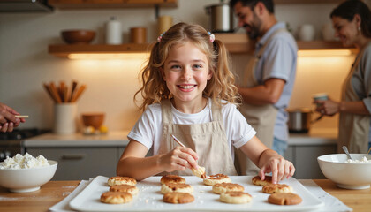 Joyful young girl baking cookies in cozy kitchen, family bonding