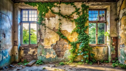 Fototapeta na wymiar Faded graffiti on a cracked, damp wall in an abandoned building with ivy and moss growing through the cracks, surrounded by peeling paint and broken windows , dirty walls, fading colors