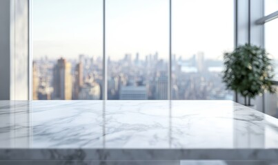 Marble countertop with city view.