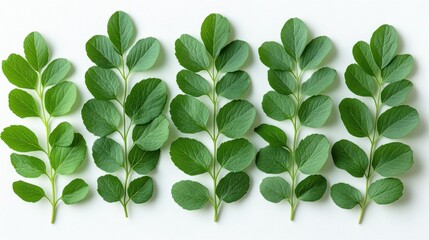 Obraz premium A vibrant arrangement of green leaves displayed in a row against a clean white background, ideal for nature-themed projects