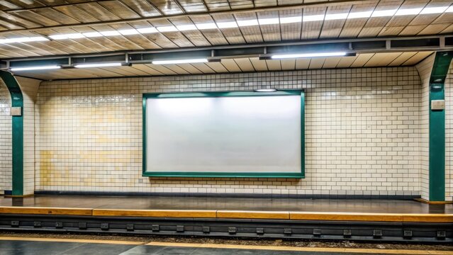 Empty billboard inside subway station in Paris with blank screen and worn-out walls