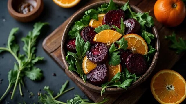 Ensalada de remolacha, r&uacute;cula y mandarina en bol r&uacute;stico