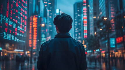 Business professional overlooking a digital interface with data analytics and financial metrics
