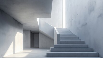 Fototapeta premium Modern concrete staircase, sunlit interior, minimalist design, architectural rendering
