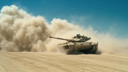 Tank Rolling Through Desert, Raising Dust Cloud Under Blue Sky