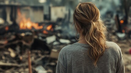 Woman Surveying Burned Home After Fire – Emotional Scene from Behind, Post-Fire Destruction, Disaster Aftermath, Home Loss, and Tragedy Recovery