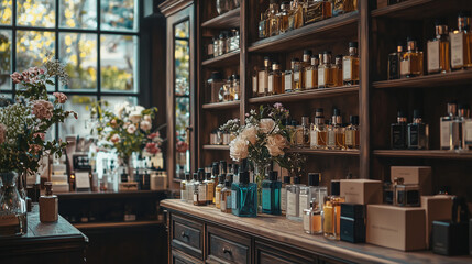 A charming vintage-style perfume boutique with wooden shelves showcasing beautifully designed bottles, floral accents, and a warm, inviting ambiance, creating a nostalgic shopping experience
