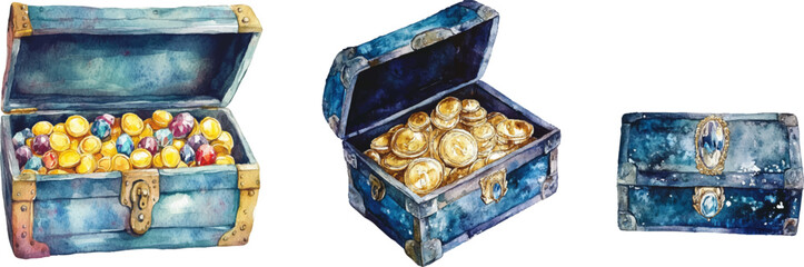 Watercolor cartoon illustration of an open treasure chest Filled with gold coins, white background