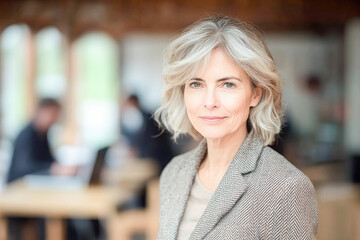 Obraz premium Senior woman with gray hair in a business setting, symbolizing confidence, leadership, and experience. 
