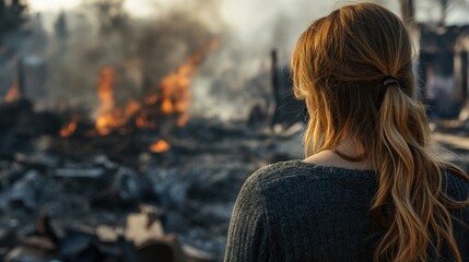 Woman Surveying Burned Home After Fire – Emotional Scene from Behind, Post-Fire Destruction, Disaster Aftermath, Home Loss, and Tragedy Recovery
