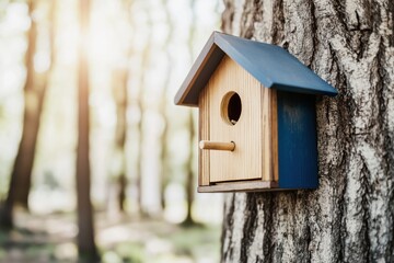 Wooden birdhouse hanging on a tree in a sunlit forest with faded colors