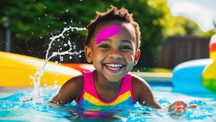 An African American girl with colorful face paint, joyfully playing in a swimming pool surrounded by inflatable toys. Summer fun, childhood, family travel and vacation concept