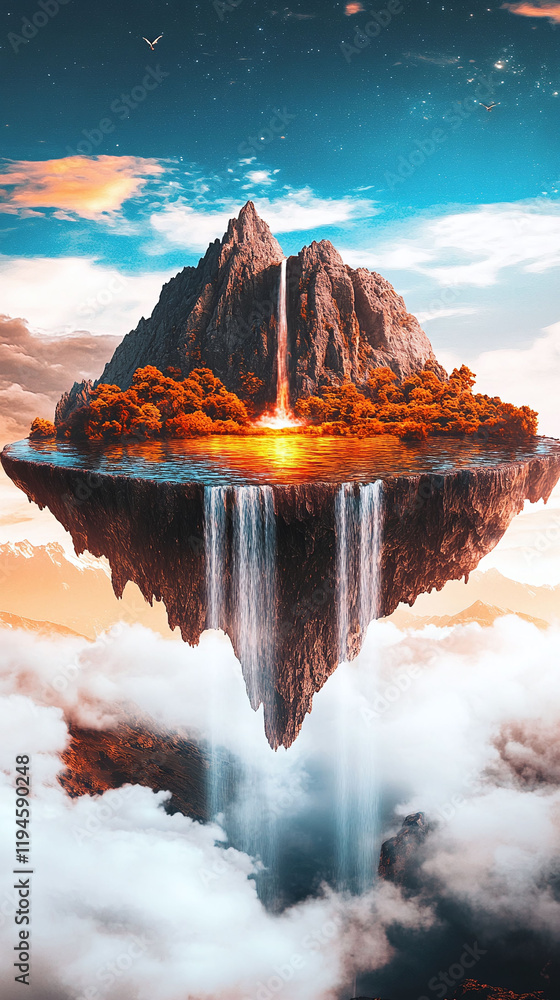 Aufkleber a dreamy floating island with waterfalls cascading into the clouds glowing flora and balanced symmet