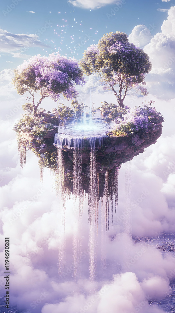 Aufkleber a dreamy floating island with waterfalls cascading into the clouds glowing flora and balanced symmet