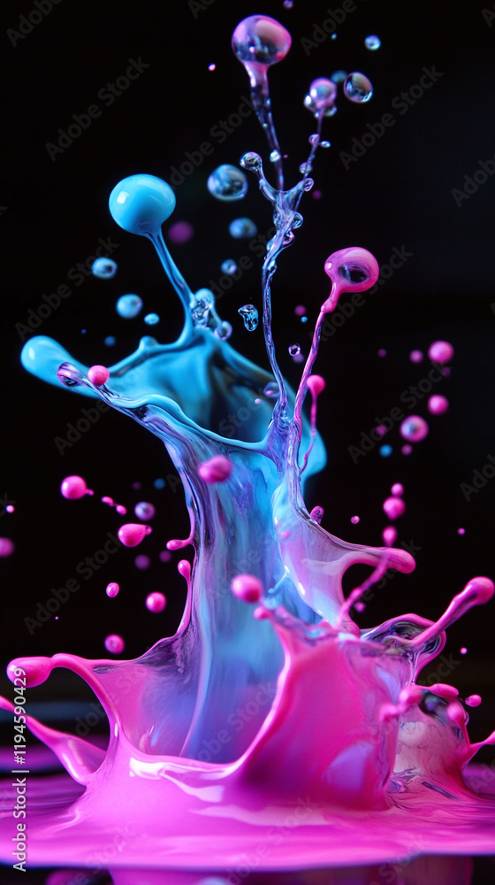 Poster a dynamic splash of paint with bright vibrant colors liquid patterns frozen in motion abstract and s