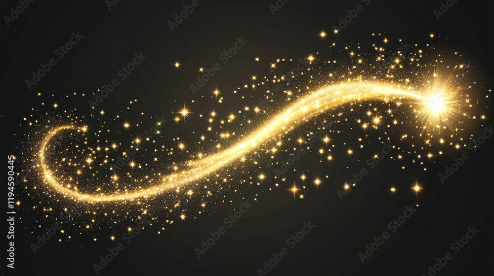 Poster fairy magic golden light trail with bright flash and star dust. realistic vector curve wave line wit
