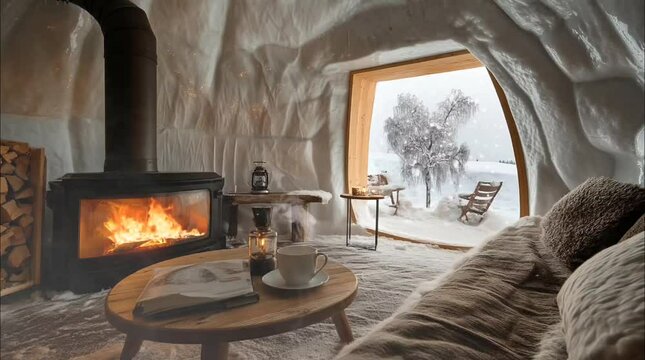 Cozy igloo interior with fireplace overlooking snowy winter landscape. Looping video animation.