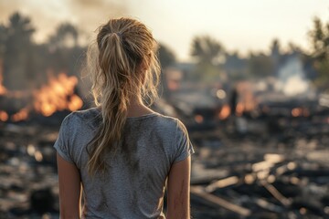 Woman Surveying Burned Home After Fire – Emotional Scene from Behind, Post-Fire Destruction, Disaster Aftermath, Home Loss, and Tragedy Recovery
