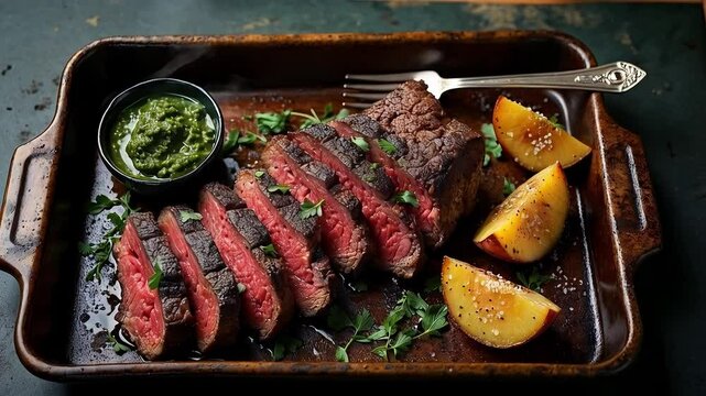 Carne asada en t&eacute;rmino medio con papas y salsa verde