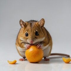 A dormouse nibbling on a fruit, with a pristine white background.