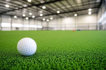 A white golf ball rests on vibrant green turf in a spacious indoor facility with high ceilings and ample light.
