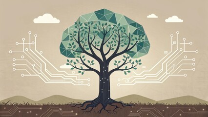 Nature Integration - Futuristic tree merging with digital circuitry, symbolizing green technology and sustainable innovation. Perfect for environmental tech themes and eco-friendly branding