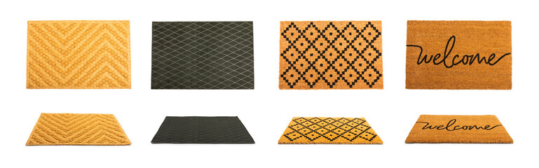 Door mat. Welcome mat isolated on white background. Women's shoes on a doormat on a white background. Interior decor element in the hallway. Close-up.