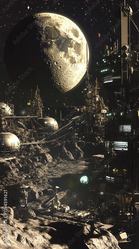 Poster a futuristic lunar colony with domed structures and advanced technology.
