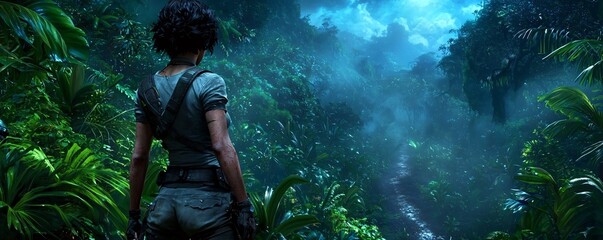 Woman Explorer in Mysterious Jungle at Night