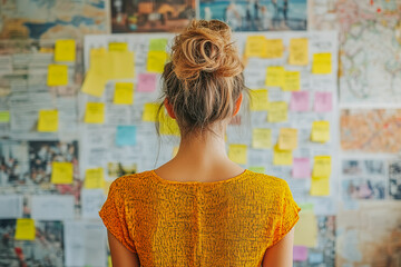 Woman Standing in Front of Sticky Notes and Mood Boards – Creative Office Brainstorming, Planning, and Design Concept in a Professional Workspace