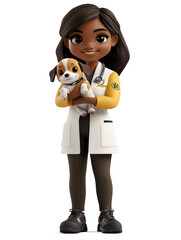 Illustration, cartoon character by profession: veterinarian - woman with puppy