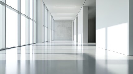 Modern office hallway, sunlight, windows, concrete wall, design