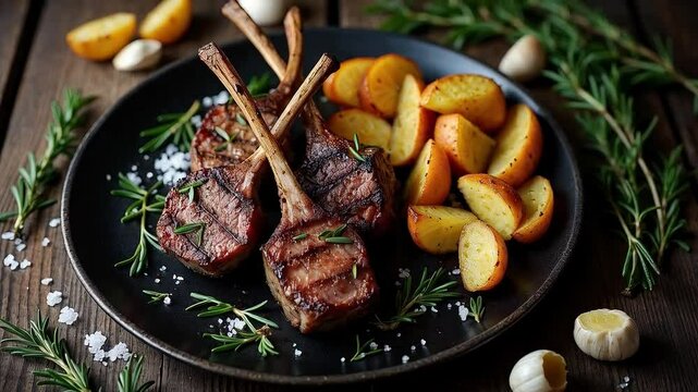 Chuletas de cordero a la parrilla con papas asadas y romero