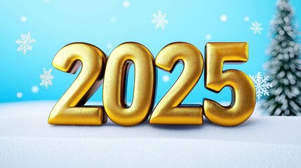 A photostock of a festive winter night with snowflakes gently falling and "2025" text glowing in radiant gold, symbolizing holiday magic. High Quality