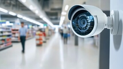A security camera monitors a retail store aisle, ensuring safety and surveillance as shoppers move through the space.