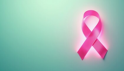 A calming World Cancer Day banner featuring a pastel green-to-blue gradient and a glowing pink ribbon.