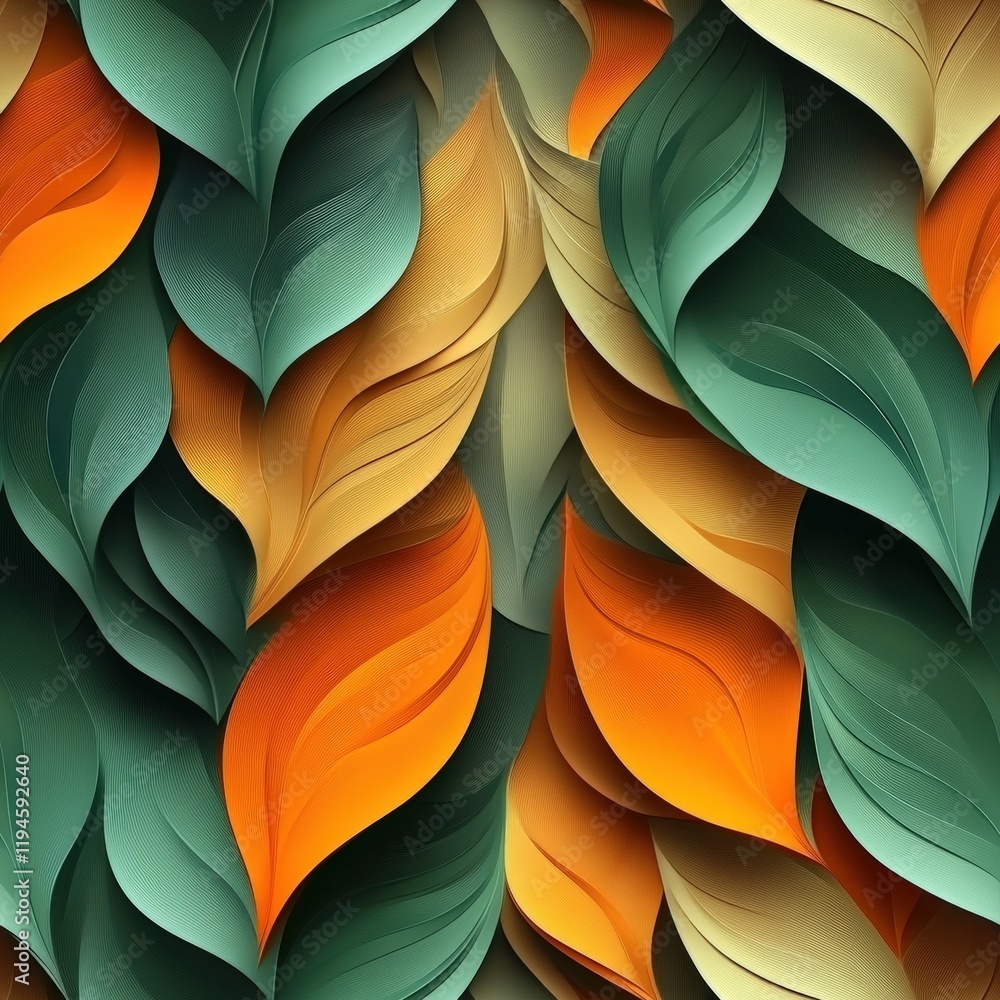Poster abstract 3d render of green and orange leaves creating a seamless background texture for design and 