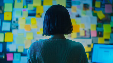 Woman Standing in Front of Sticky Notes and Mood Boards – Creative Office Brainstorming, Planning, and Design Concept in a Professional Workspace