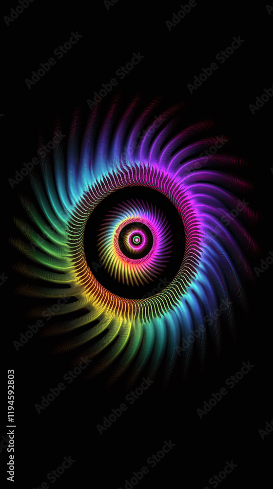 Poster a hypnotic spiral fractal design glowing rainbow hues with sharp details symmetrical for seamless ad