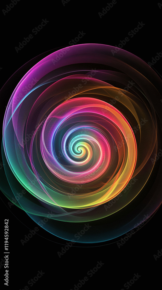 Poster a hypnotic spiral fractal design glowing rainbow hues with sharp details symmetrical for seamless ad