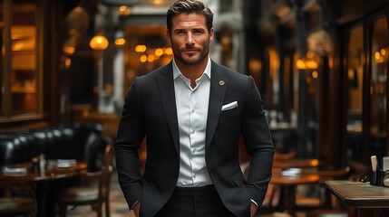 Confident man in black suit standing in a restaurant.