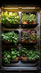 Indoor herb garden in smart planter with various herbs.