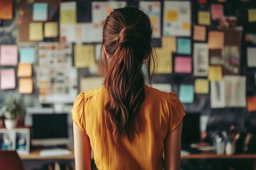 Woman Standing in Front of Sticky Notes and Mood Boards – Creative Office Brainstorming, Planning, and Design Concept in a Professional Workspace