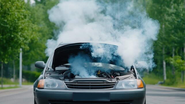A car with a smoking engine is parked on a road, surrounded by greenery, indicating a potential mechanical failure or overheating issue.