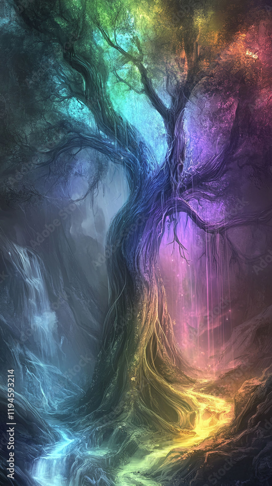 Aufkleber a magical tree with glowing branches surrounded by colorful mist ethereal and balanced design for ve