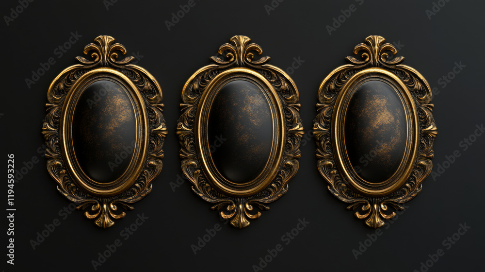 Poster game ui long button with thin gold frame. rectangular medieval border with golden metal ornament for