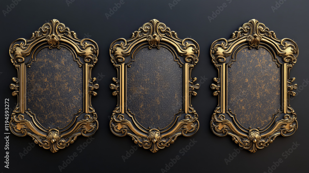 Poster game ui long button with thin gold frame. rectangular medieval border with golden metal ornament for