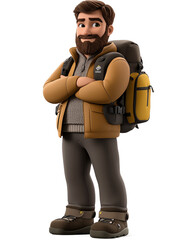 Illustration, cartoon character by profession: geologist - young man in hiking clothes with backpack
