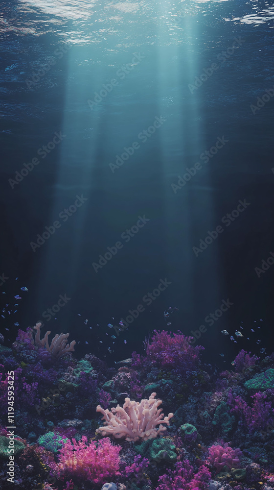 Poster a mesmerizing coral reef scene glowing marine life and soft light rays from above balanced design fo